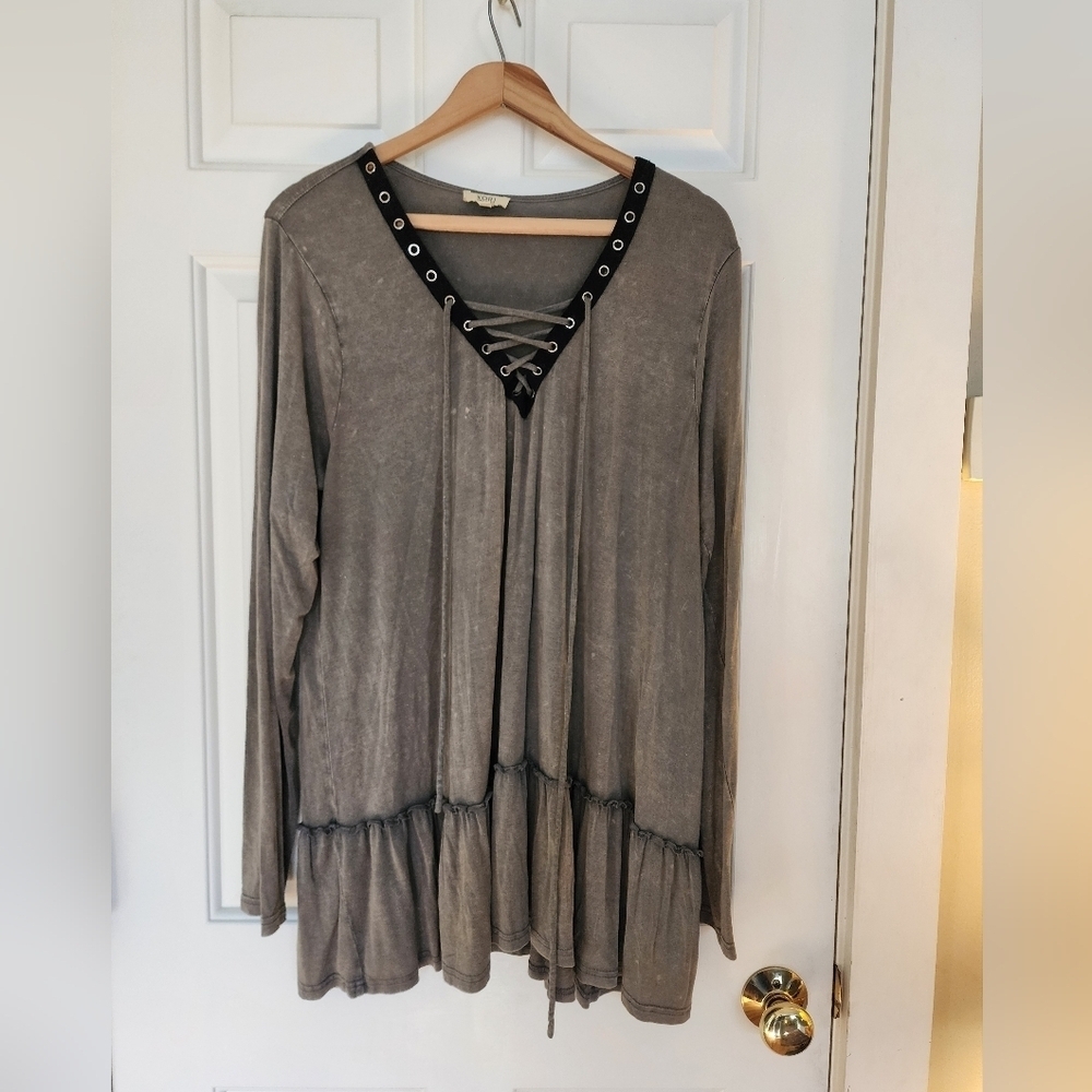 Kori Mineral Washed Taupe Tunic Top Lace Up Size Large Whimsigoth Ruffle Hem